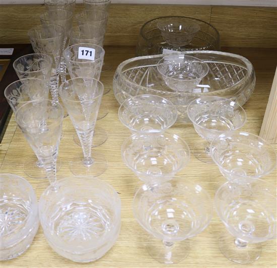 A suite of Stuart etched glasses finger bowls and two cut glass vases